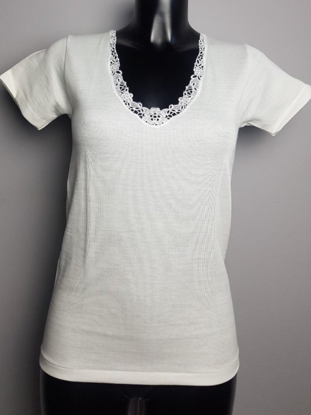 720 MAGLIA MANICA CORTA DONNA LANA COTONE CON PIZZO FDB