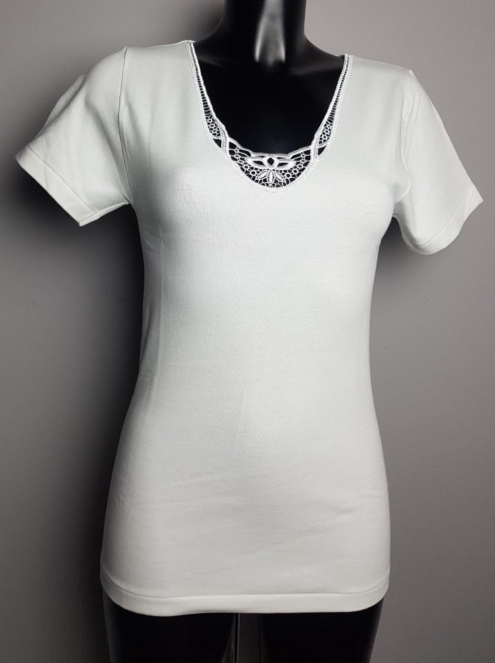 803 MAGLIA MANICA CORTA DONNA COTONE FELPATO CON PIZZO HENRI